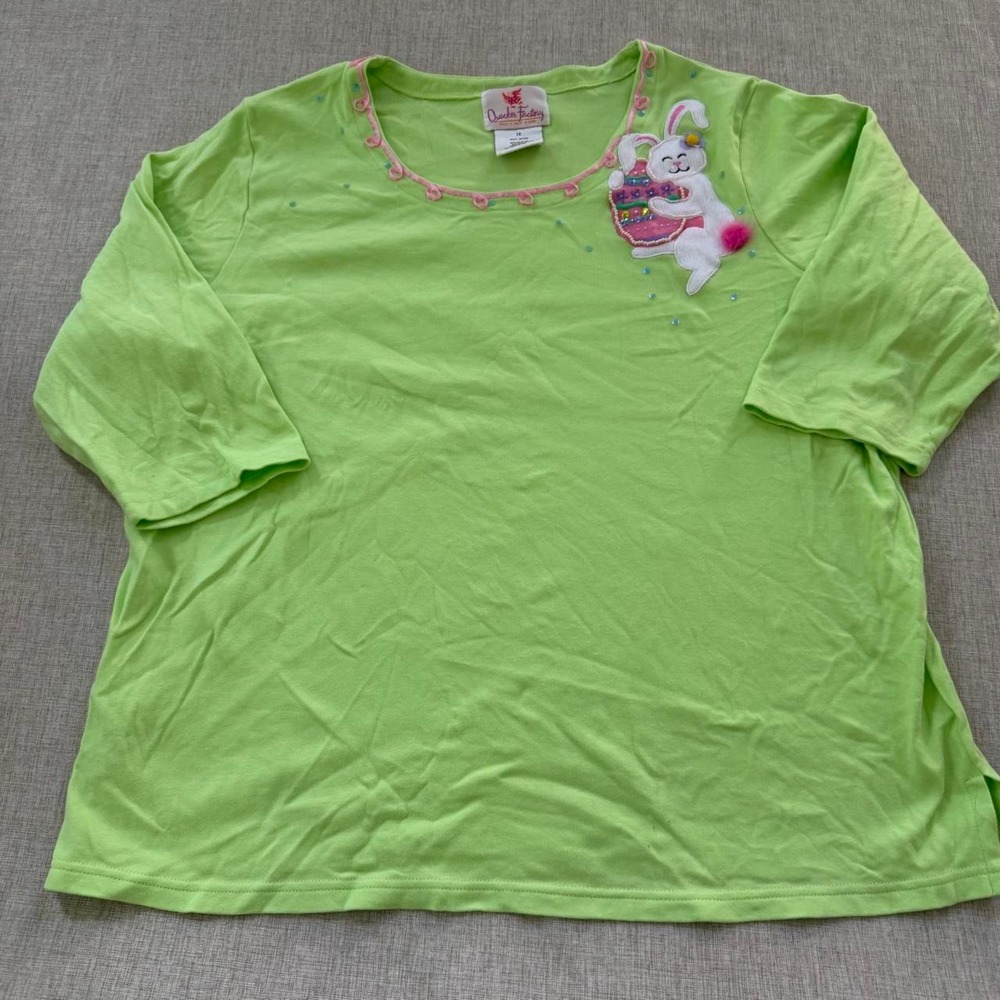 Quacker Factory Tee Women's 1X Grannycore Bunny 100% Cotton Sequins Embellished